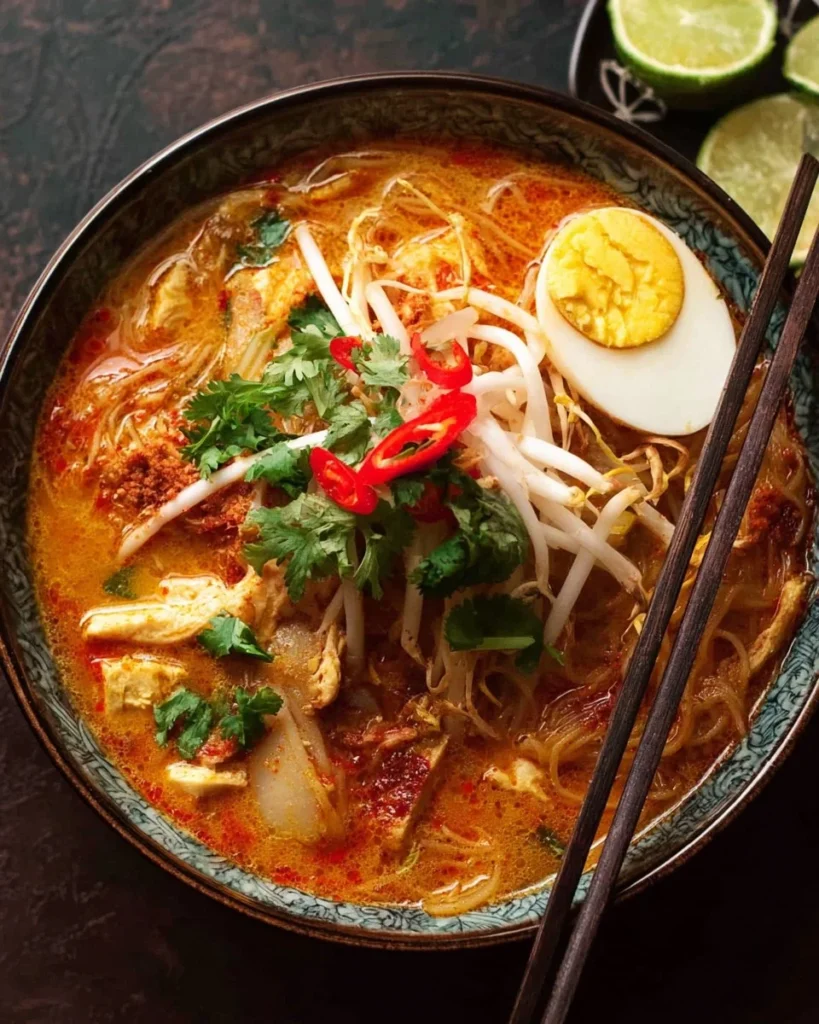 A steaming bowl of Spicy Laksa Noodle Soup topped with fresh herbs and spices