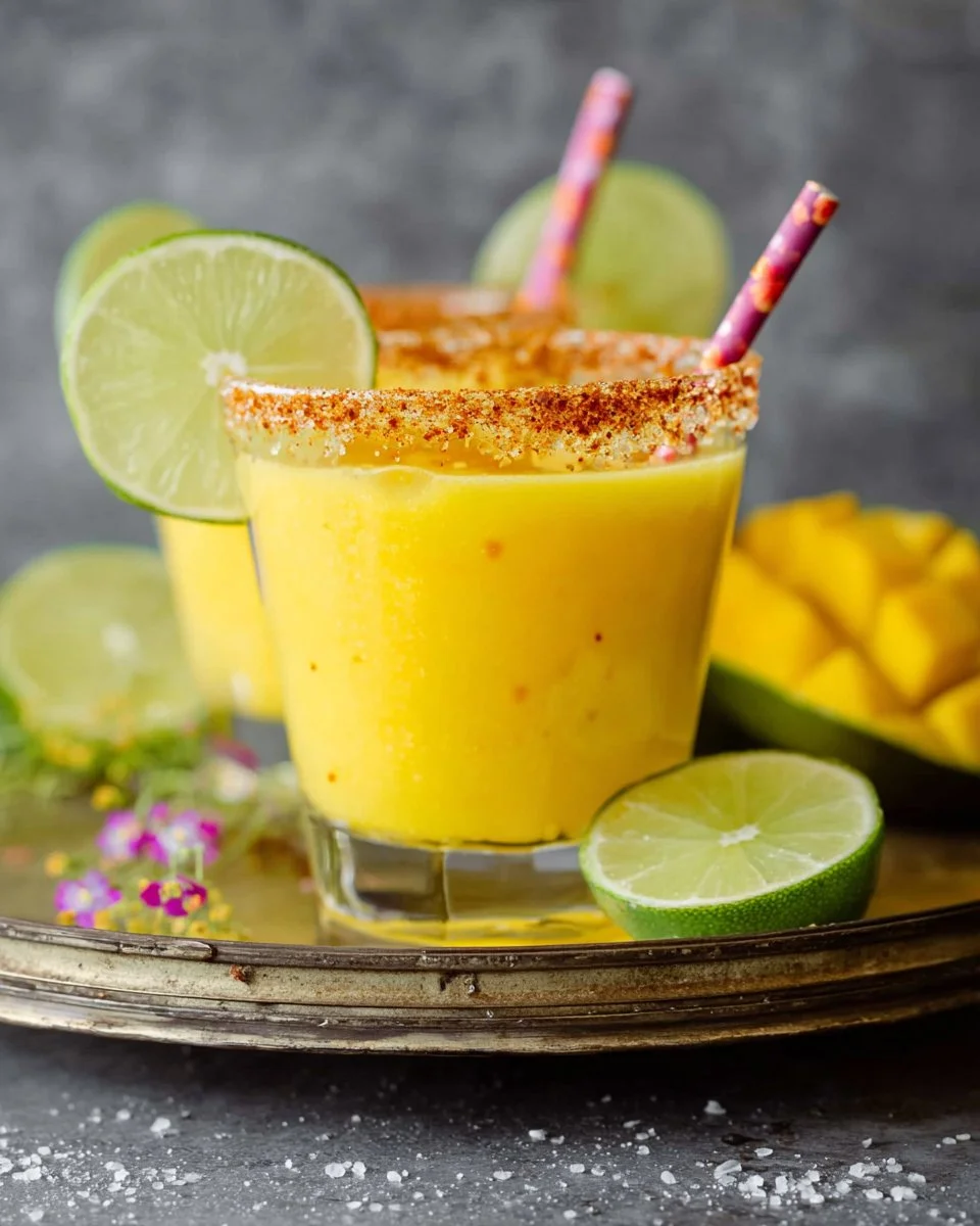 Spicy Mango Margarita served in a glass with lime and chili garnish