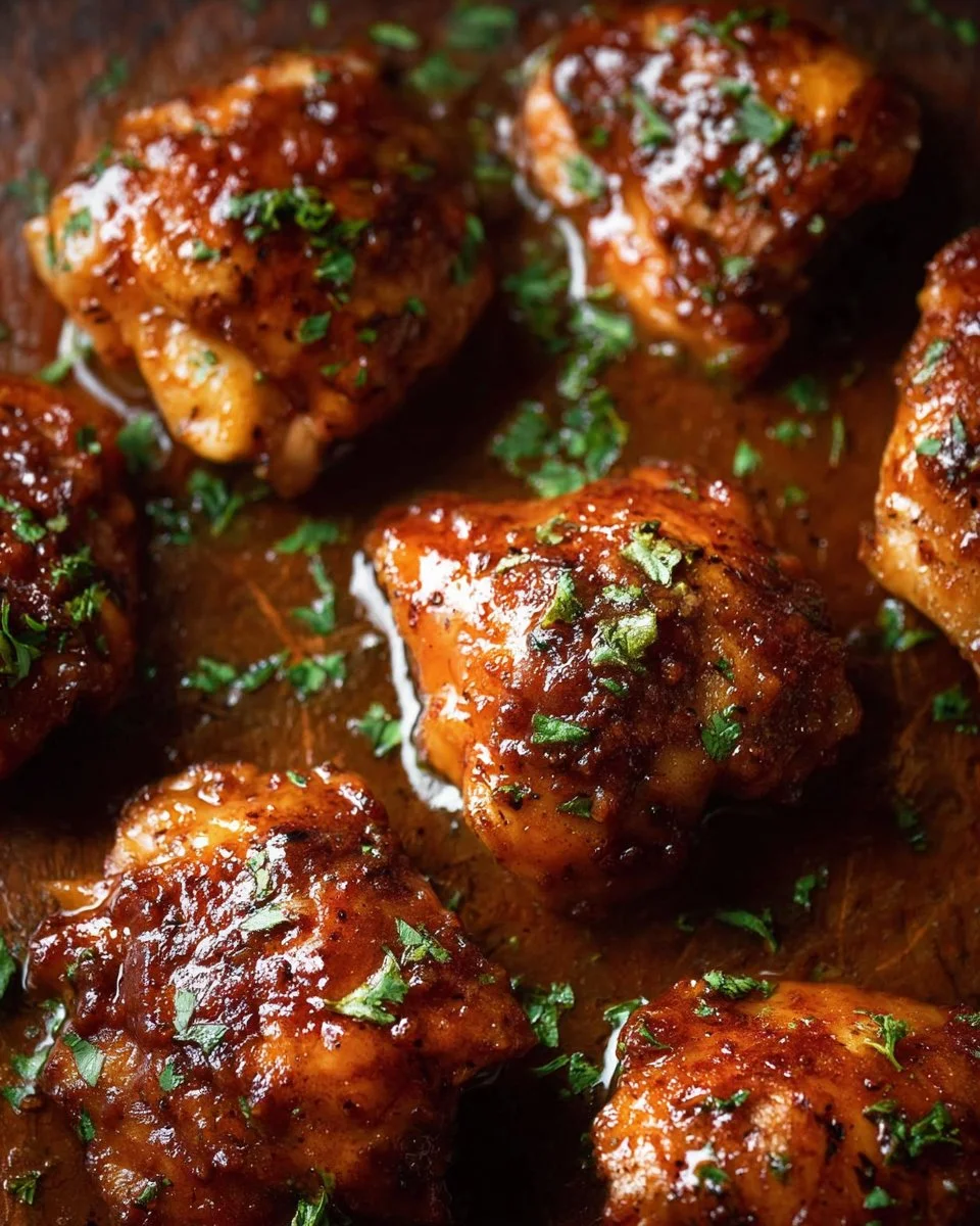Sticky baked chicken thighs ready to serve, coated in a savory glaze.