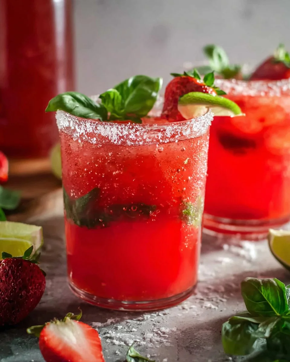 Strawberry Basil Margarita in a glass with fresh strawberries and basil leaves