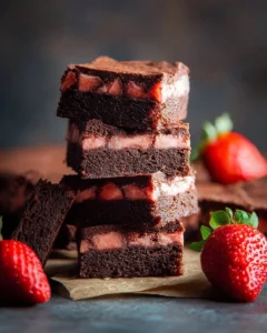 Delicious Strawberry Brownies topped with fresh strawberries and chocolate drizzle