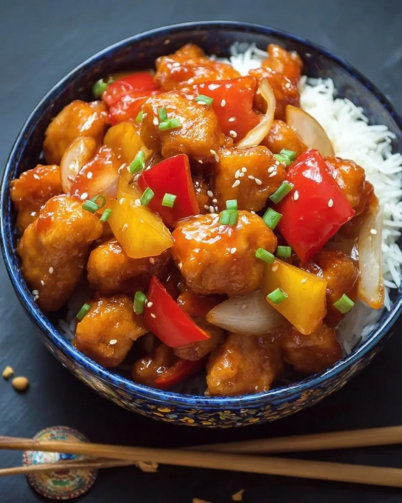Plate of sweet and sour chicken with vibrant bell peppers and pineapple