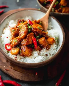 Sweet and Spicy Bourbon Chicken with Rice