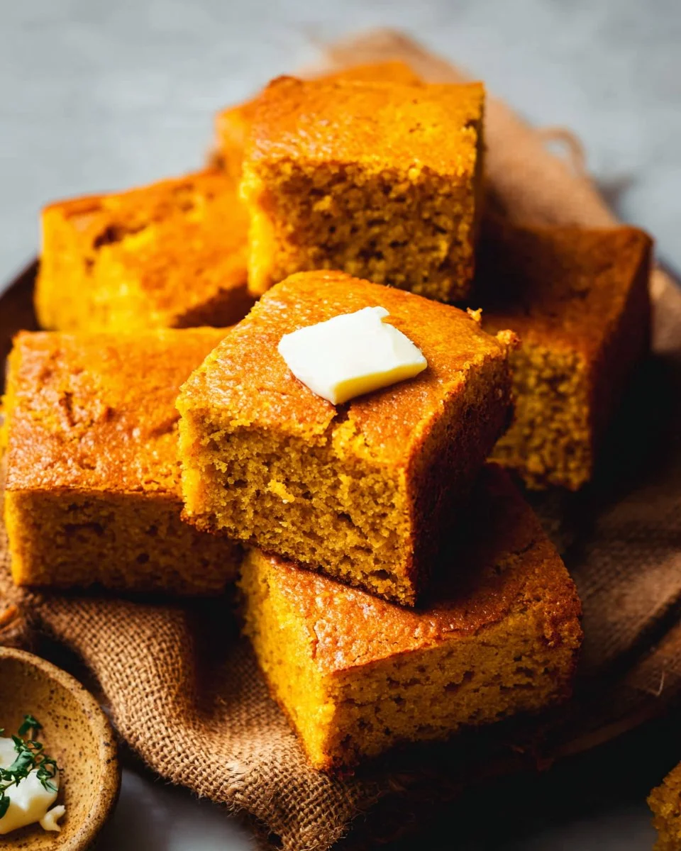 Delicious slice of sweet potato cornbread on a wooden table
