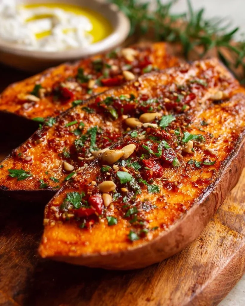 Grilled sweet potato steaks served with herbs and spices