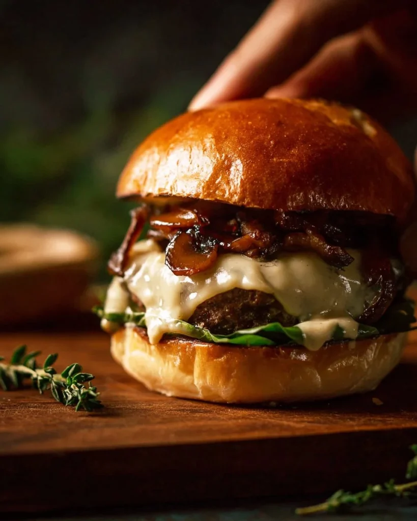 Delicious Swiss Mushroom Burger topped with melted cheese and fresh ingredients