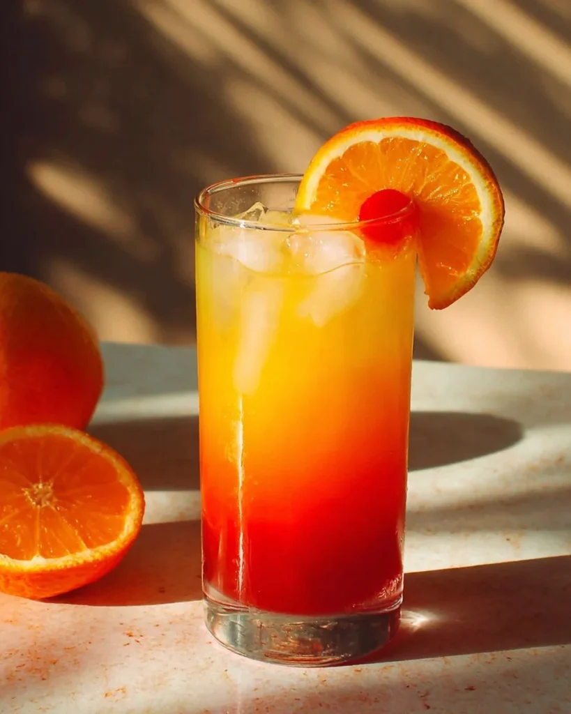A colorful Tequila Sunrise cocktail in a tall glass garnished with orange and cherry.