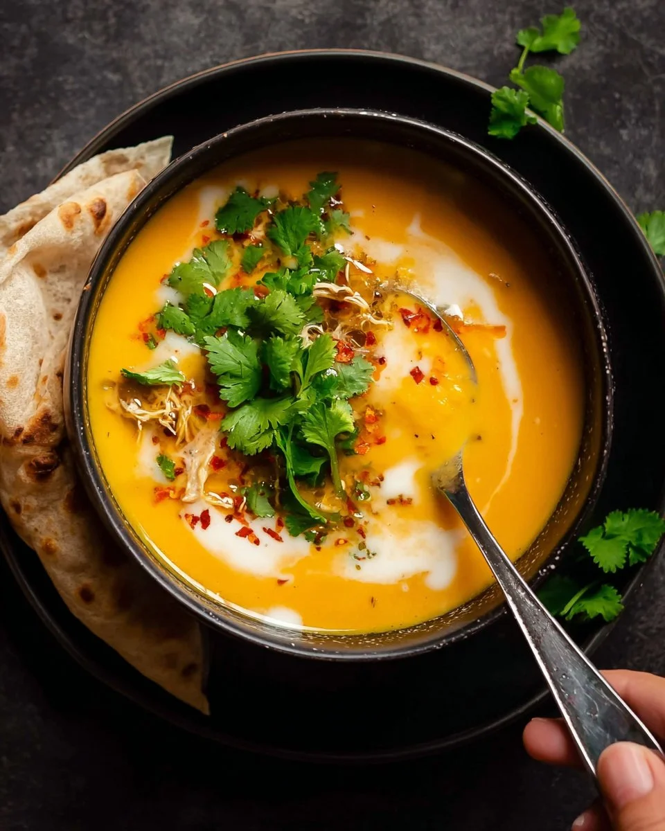 Bowl of delicious Thai Coconut Pumpkin Soup garnished with herbs