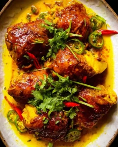 Delicious Thai turmeric chicken served with fresh herbs and spices.