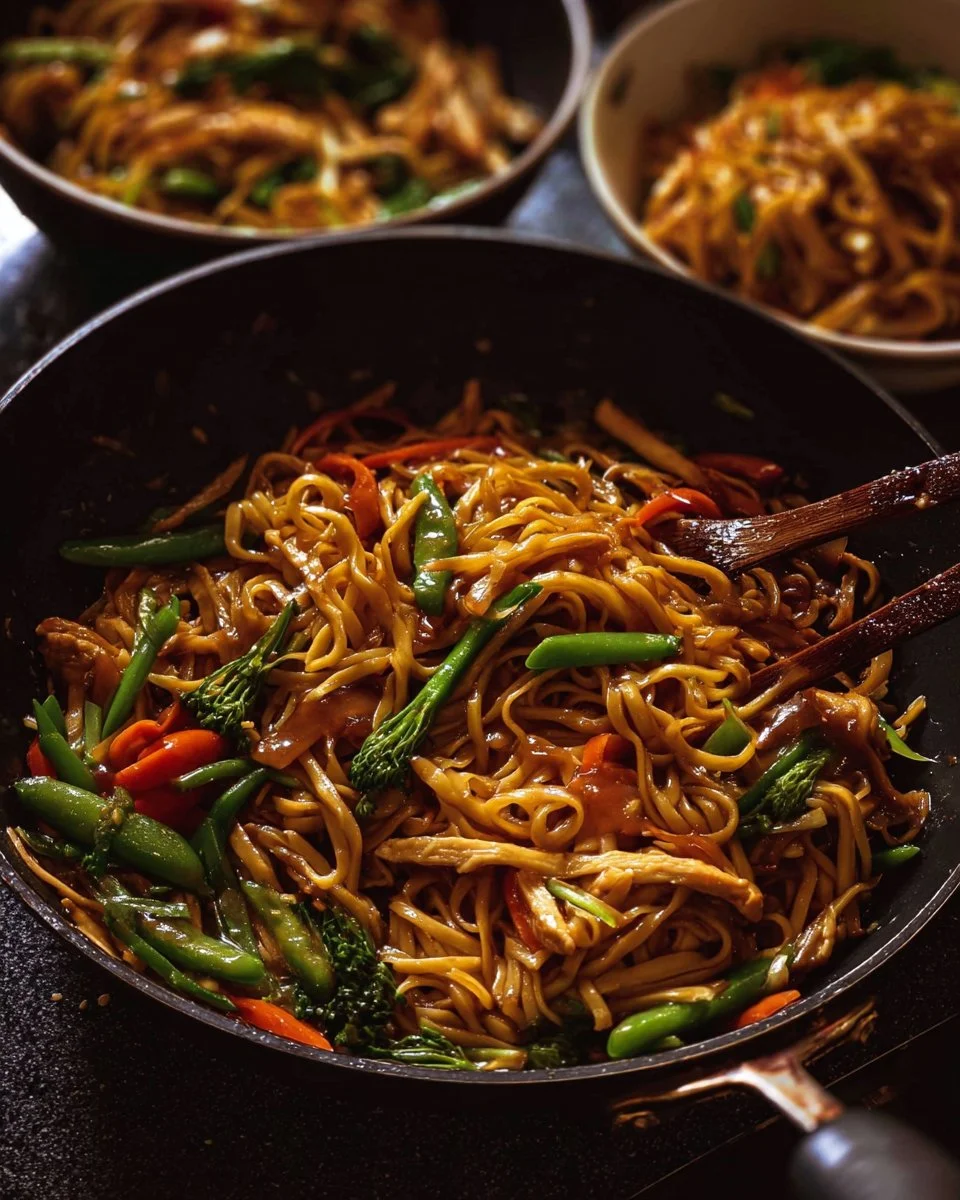 A vibrant noodle stir fry with colorful vegetables and protein, ready in minutes.