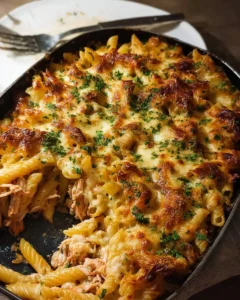 A delicious Tuna Pasta Bake served in a baking dish with cheesy topping.