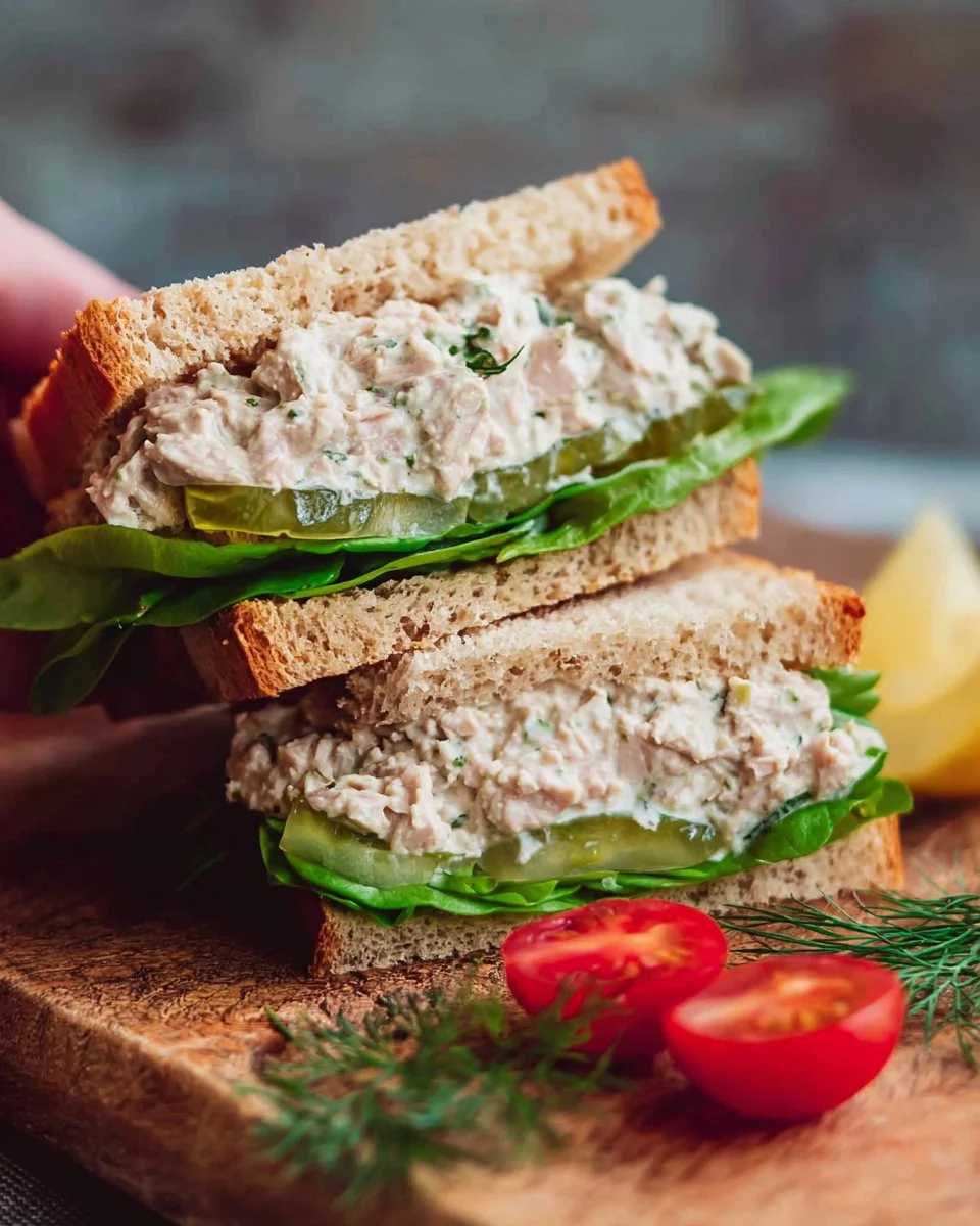 Homemade tuna sandwich with fresh ingredients on a plate