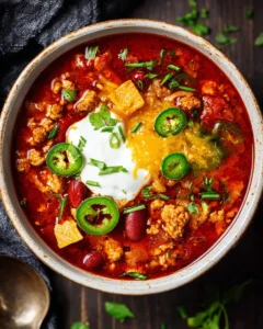 Bowl of homemade Turkey Chili with beans and vegetables