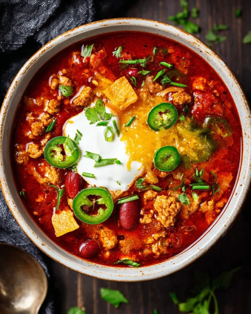 Bowl of homemade Turkey Chili with beans and vegetables