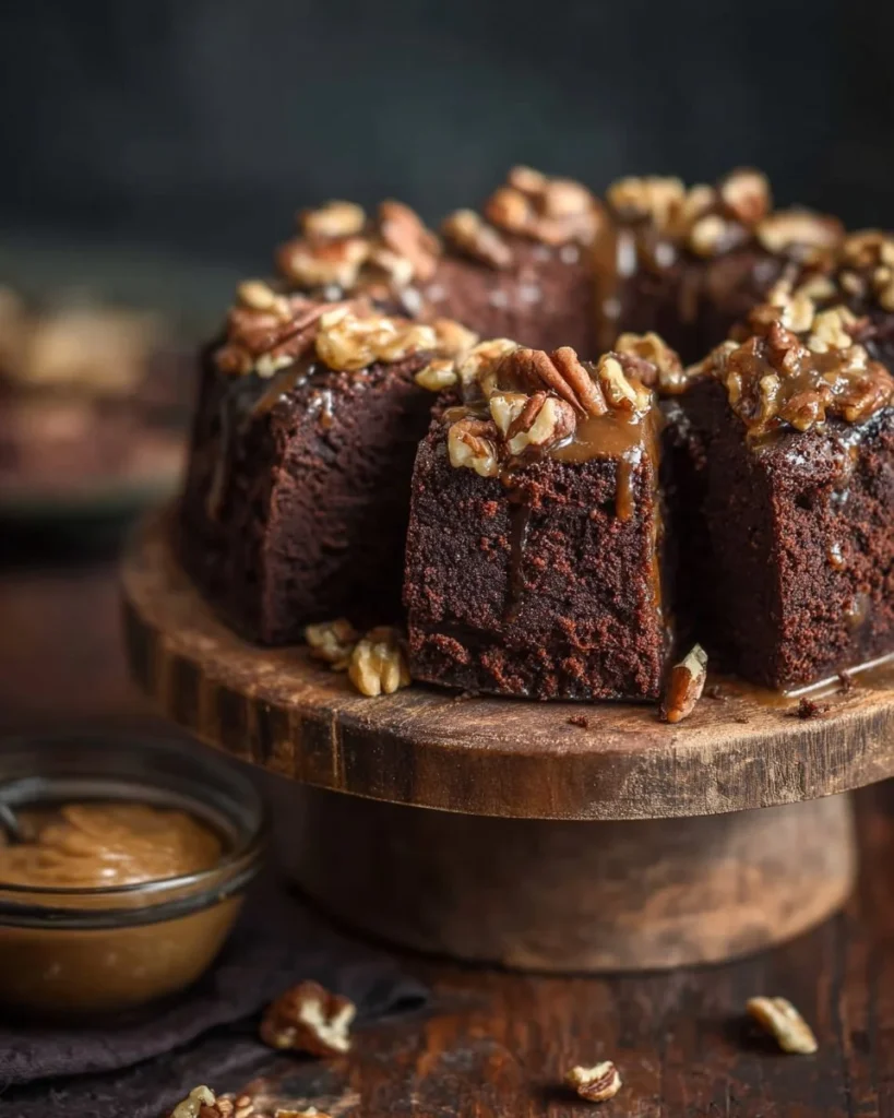 Delicious Turtle Brownie Cake topped with caramel and pecans