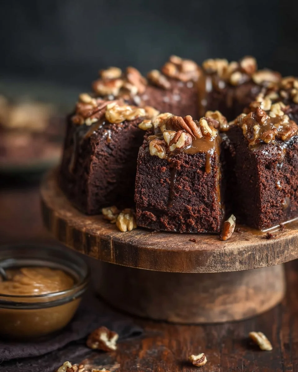 Delicious Turtle Brownie Cake topped with caramel and pecans