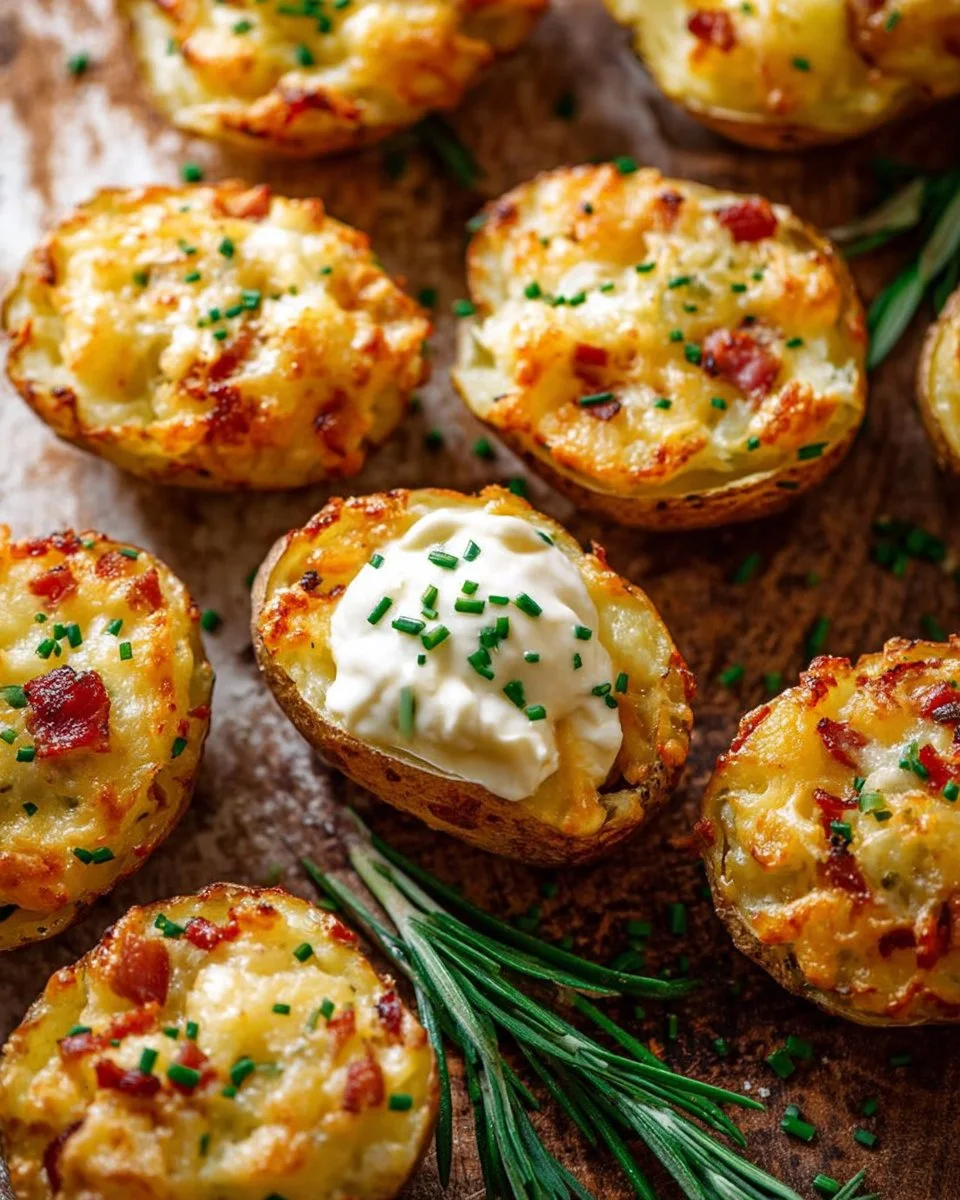 Twice baked potatoes filled with cheese and toppings on a plate