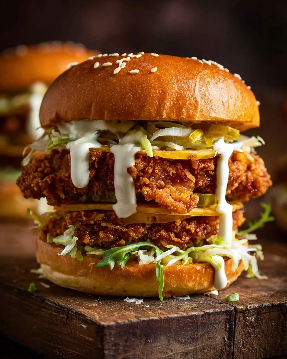 Ultra crunchy fried chicken burger with crispy chicken and fresh toppings