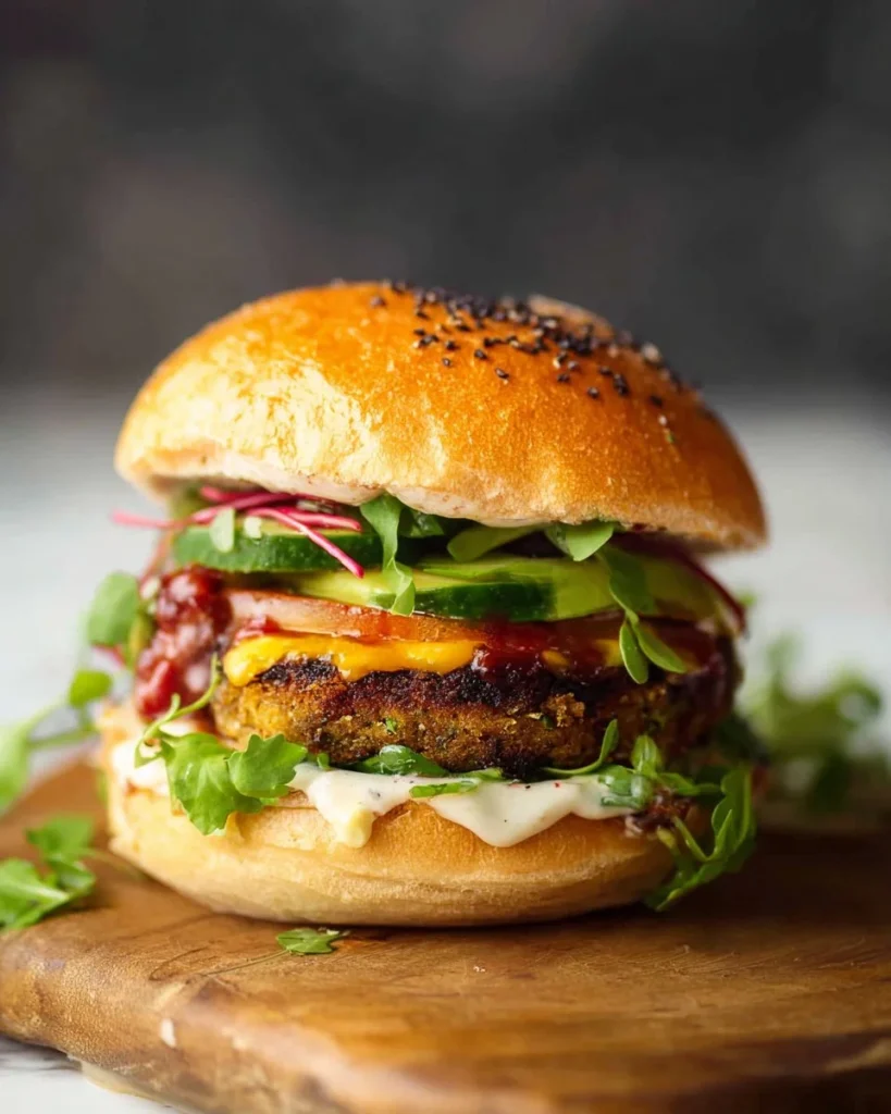 A mouthwatering veggie burger topped with fresh vegetables and sauces.