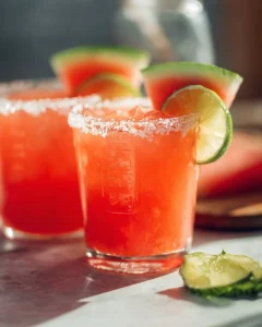 A refreshing watermelon margarita garnished with lime and mint leaves