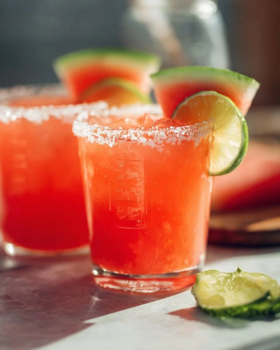 A refreshing watermelon margarita garnished with lime and mint leaves