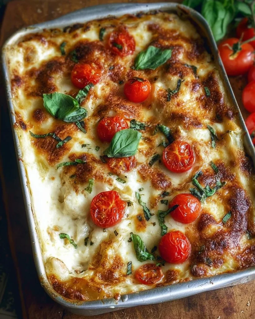 White Chicken Caprese Lasagna with fresh basil and tomatoes