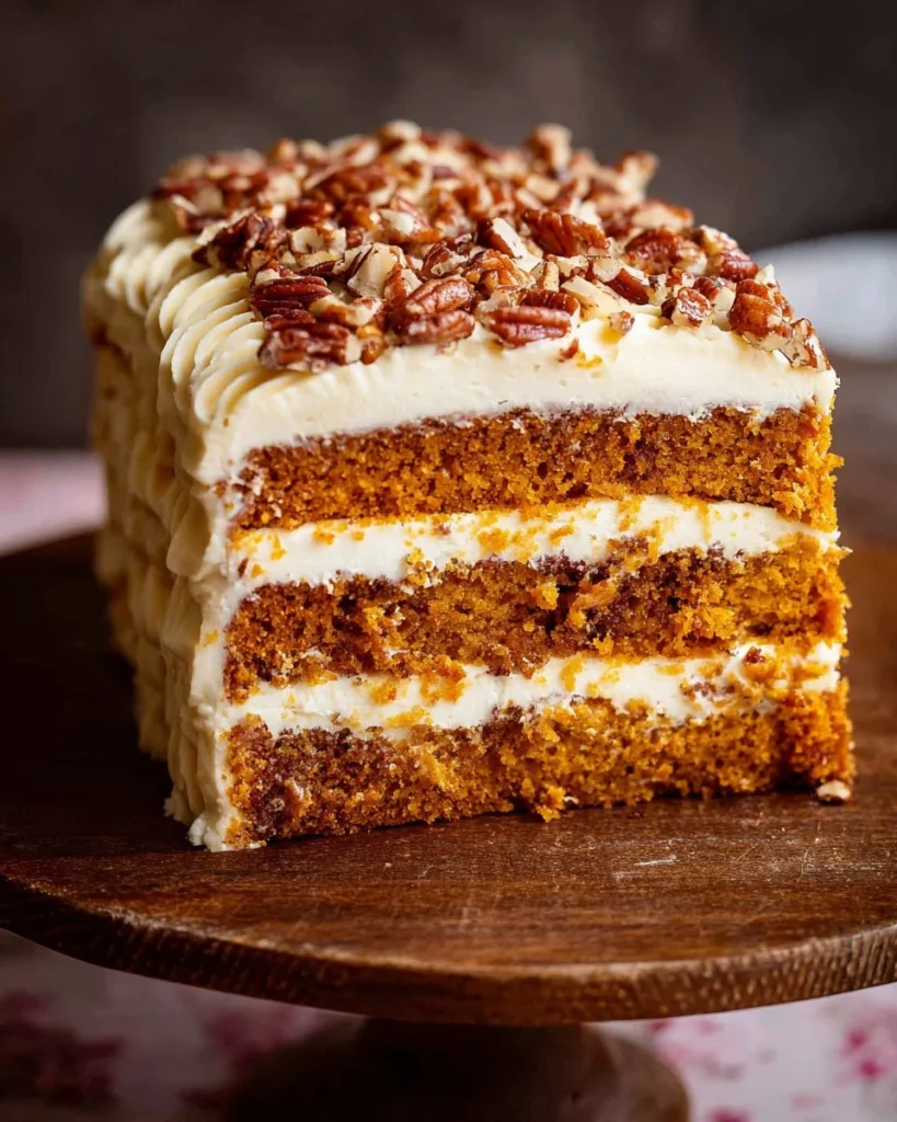 A Very Big Pumpkin Layer Cake decorated with cream and fall accents