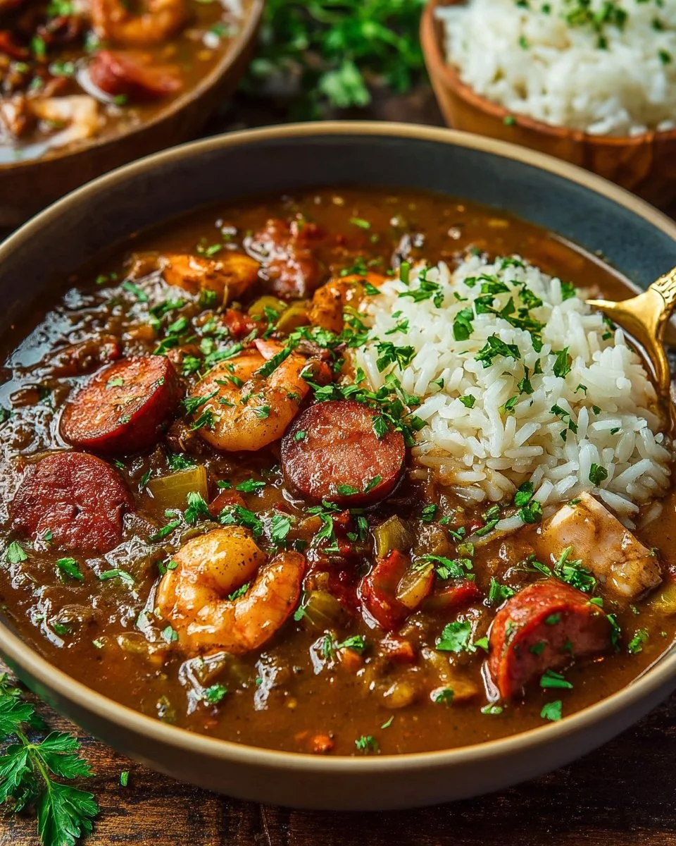 Bowl of authentic Cajun Sausage and Chicken Gumbo topped with green onions
