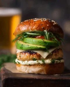 Juicy Avocado Chicken Burgers topped with fresh ingredients and served on a plate.