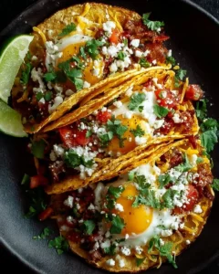 Baked breakfast tacos filled with eggs, cheese, and salsa on a plate.