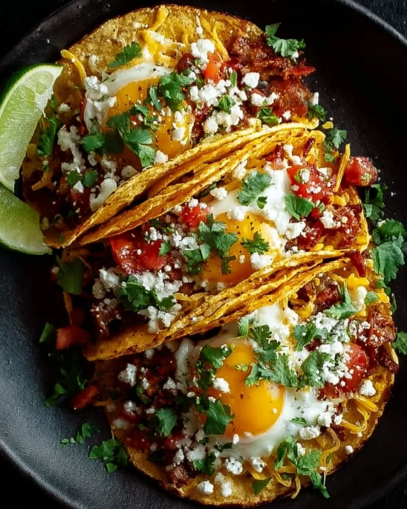 Baked breakfast tacos filled with eggs, cheese, and salsa on a plate.