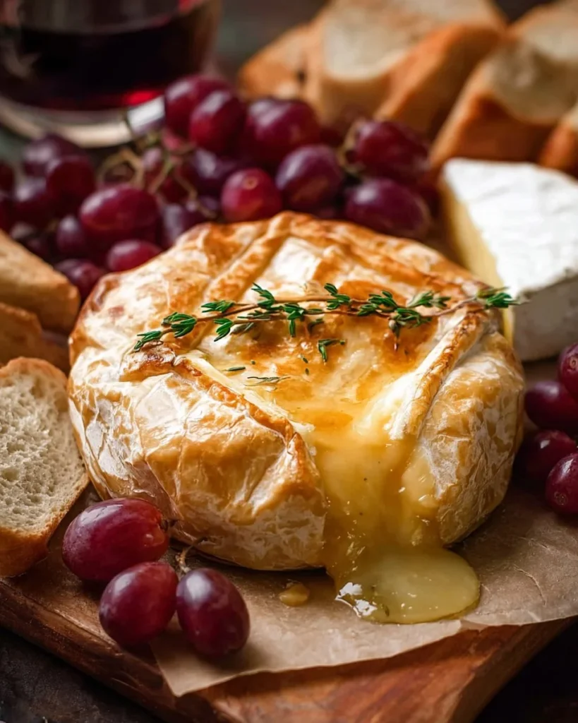 Deliciously baked Brie cheese served with fruits and crackers