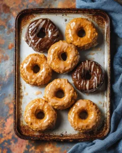 Baked pumpkin donuts with maple glaze on a wooden table