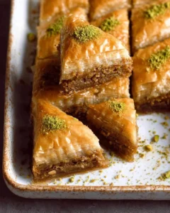 Delicious homemade baklava with layers of flaky pastry and nuts drizzled with honey.