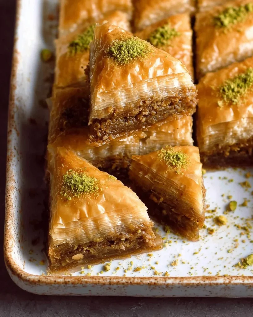 Delicious homemade baklava with layers of flaky pastry and nuts drizzled with honey.