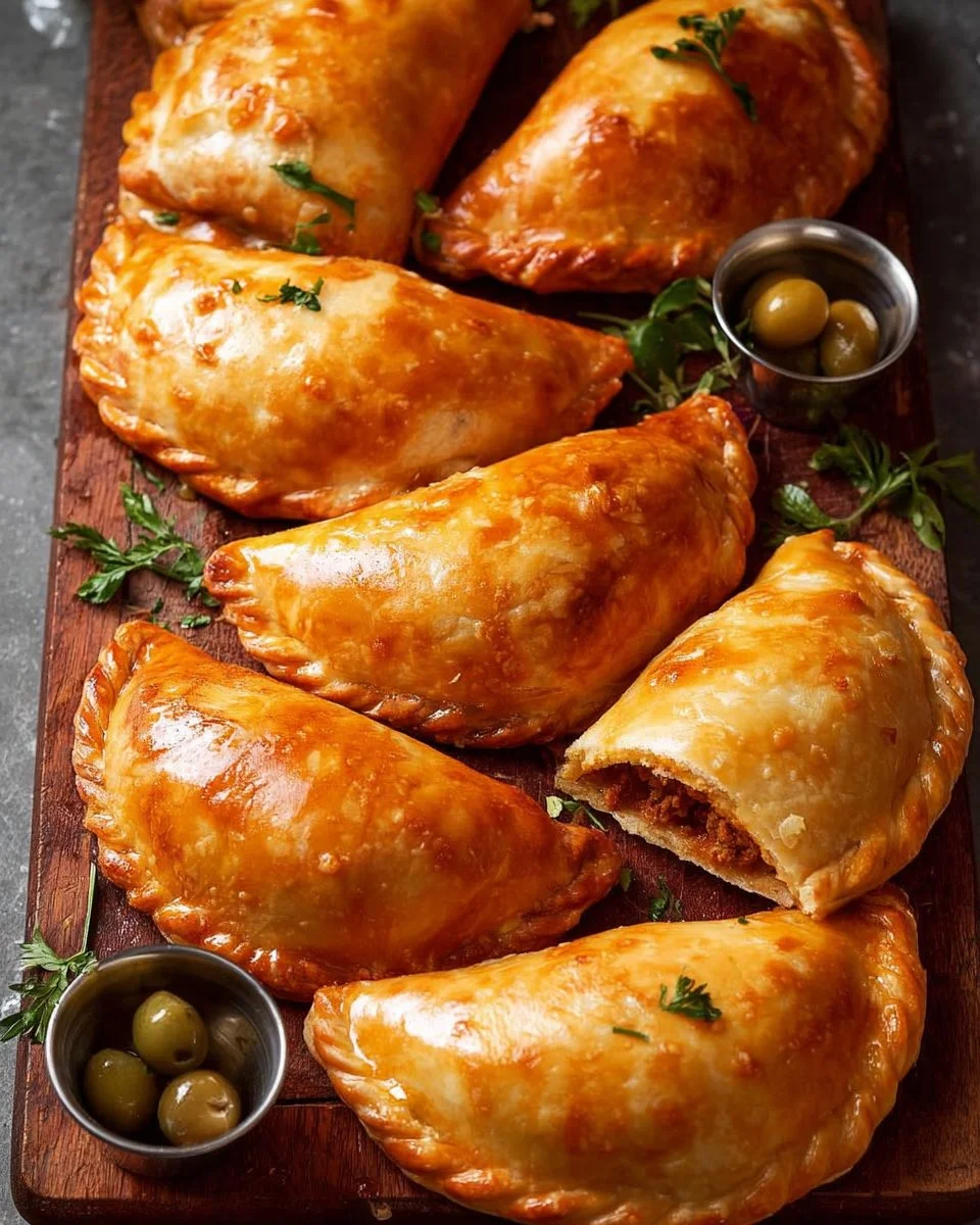 Homemade beef empanadas on a wooden table ready to be served.