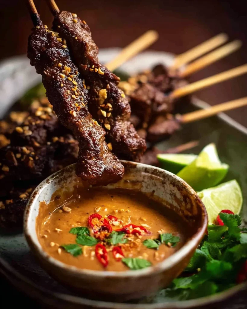 Beef satay skewers served with creamy Thai peanut sauce on a plate.