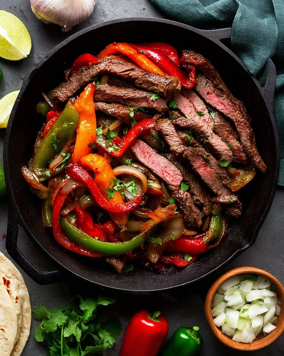 Delicious beef steak fajitas served with colorful bell peppers and onions