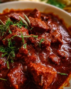 Delicious bowl of Beef Vindaloo served with rice and garnished with cilantro