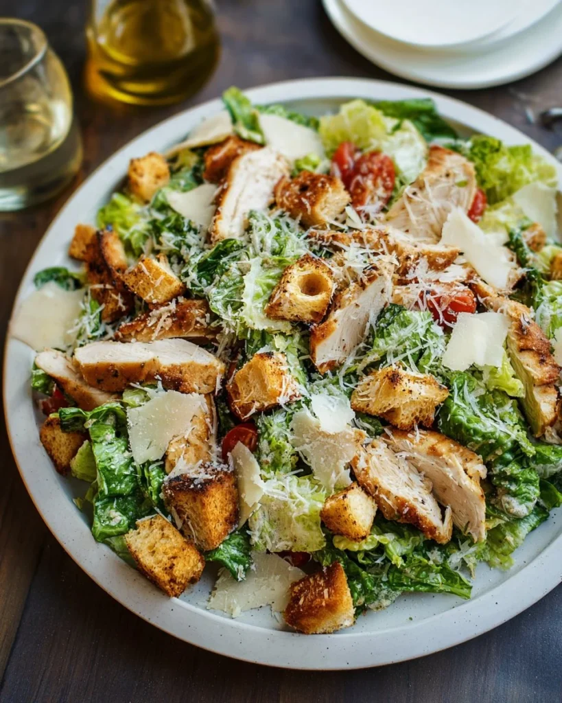 Delicious Chicken Caesar Salad topped with homemade croutons on a plate.