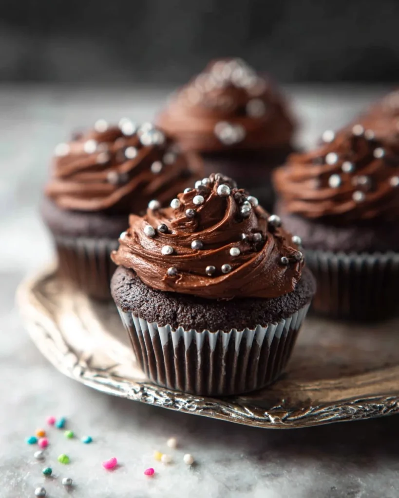 Delicious homemade chocolate cupcakes topped with creamy chocolate frosting