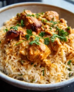 Plate of best smothered chicken served with rice and garnished with herbs.