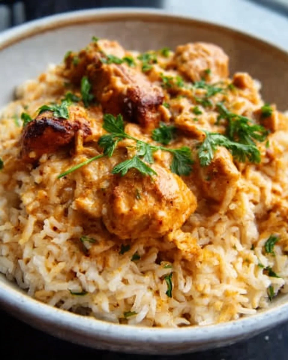 Plate of best smothered chicken served with rice and garnished with herbs.