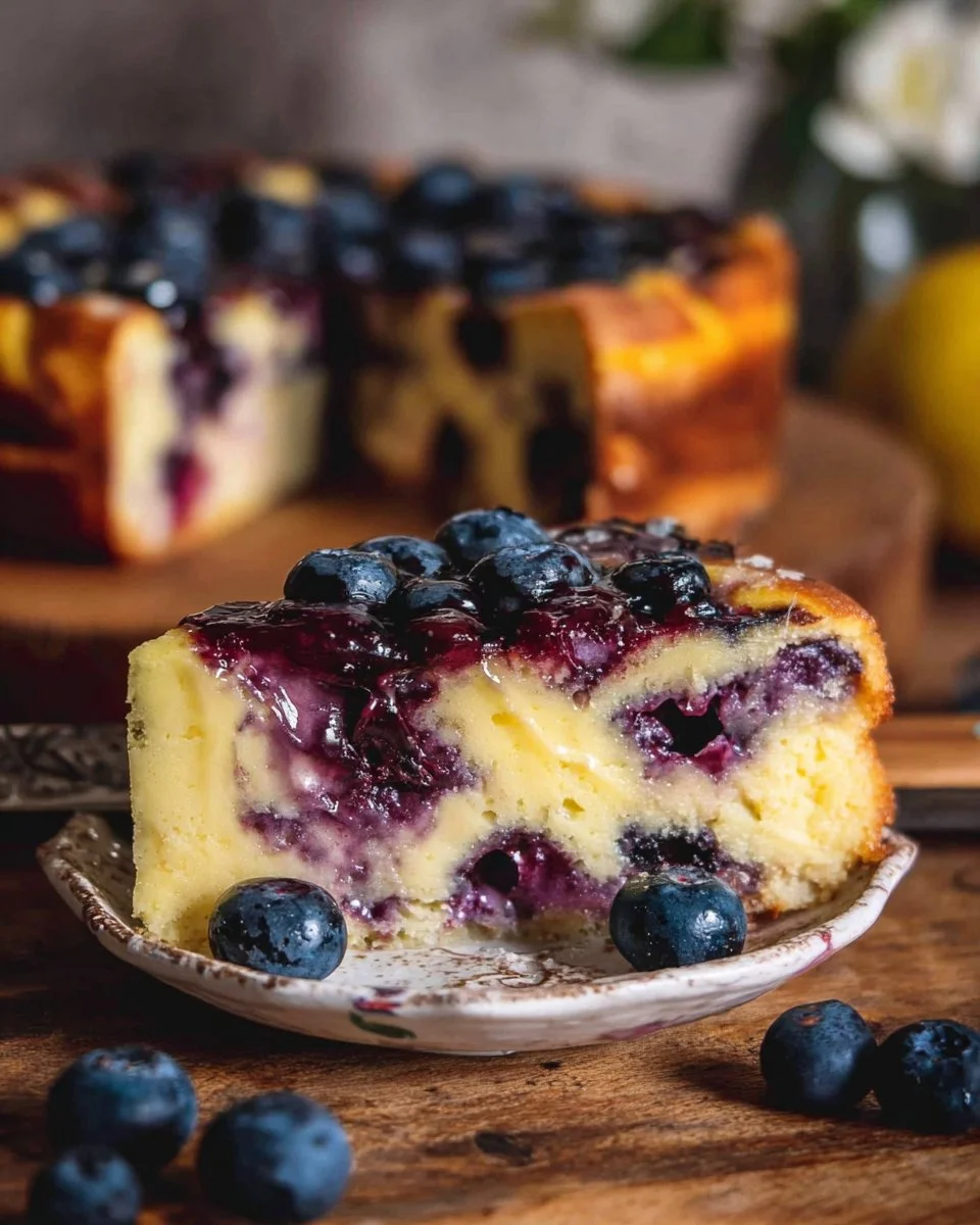 Delicious blueberry custard cake with fresh blueberries and creamy custard layers.