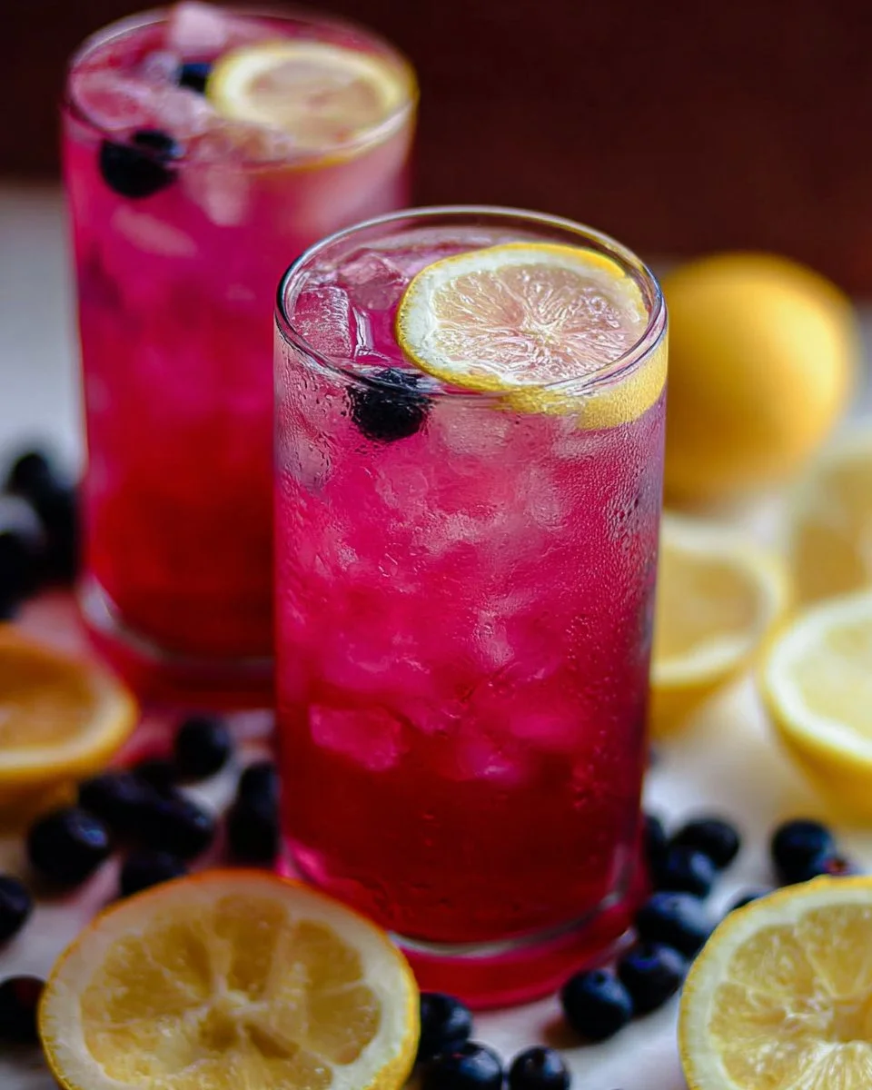Glass of Blueberry Lemonade with fresh blueberries and lemon slices
