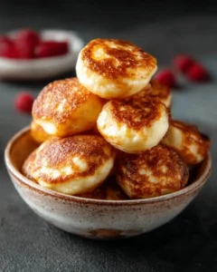 Delicious breakfast pancake poppers served with syrup and berries