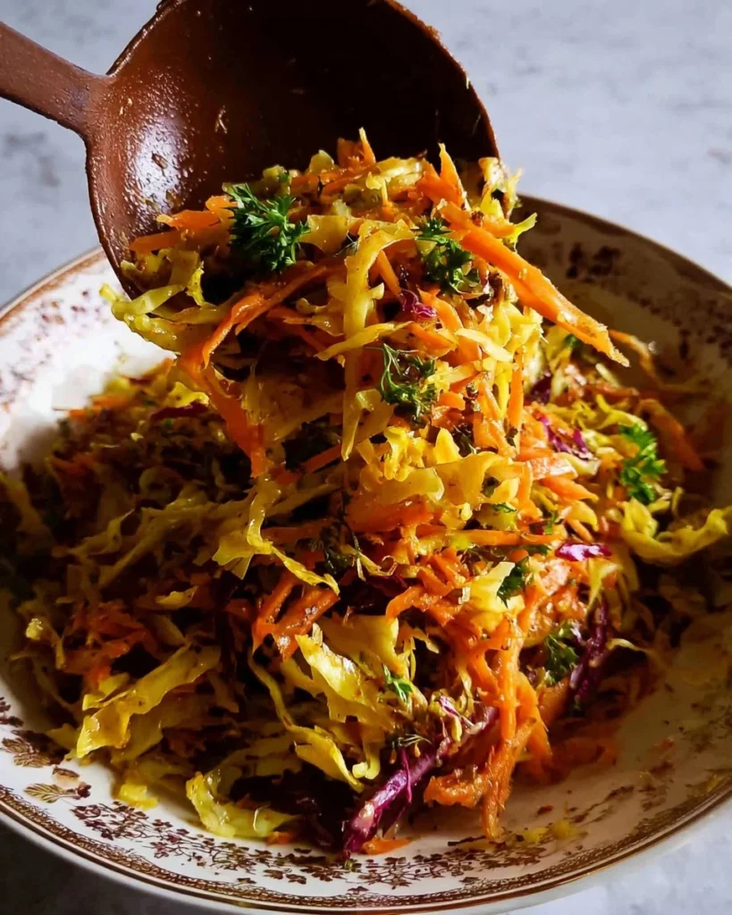 Cabbage and Carrot Thoran-style Salad served in a bowl