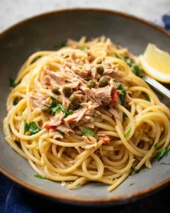 Canned Tuna Pasta with Lemon, Capers and Garlic