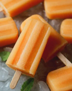 Homemade cantaloupe popsicles in colorful molds on a wooden table