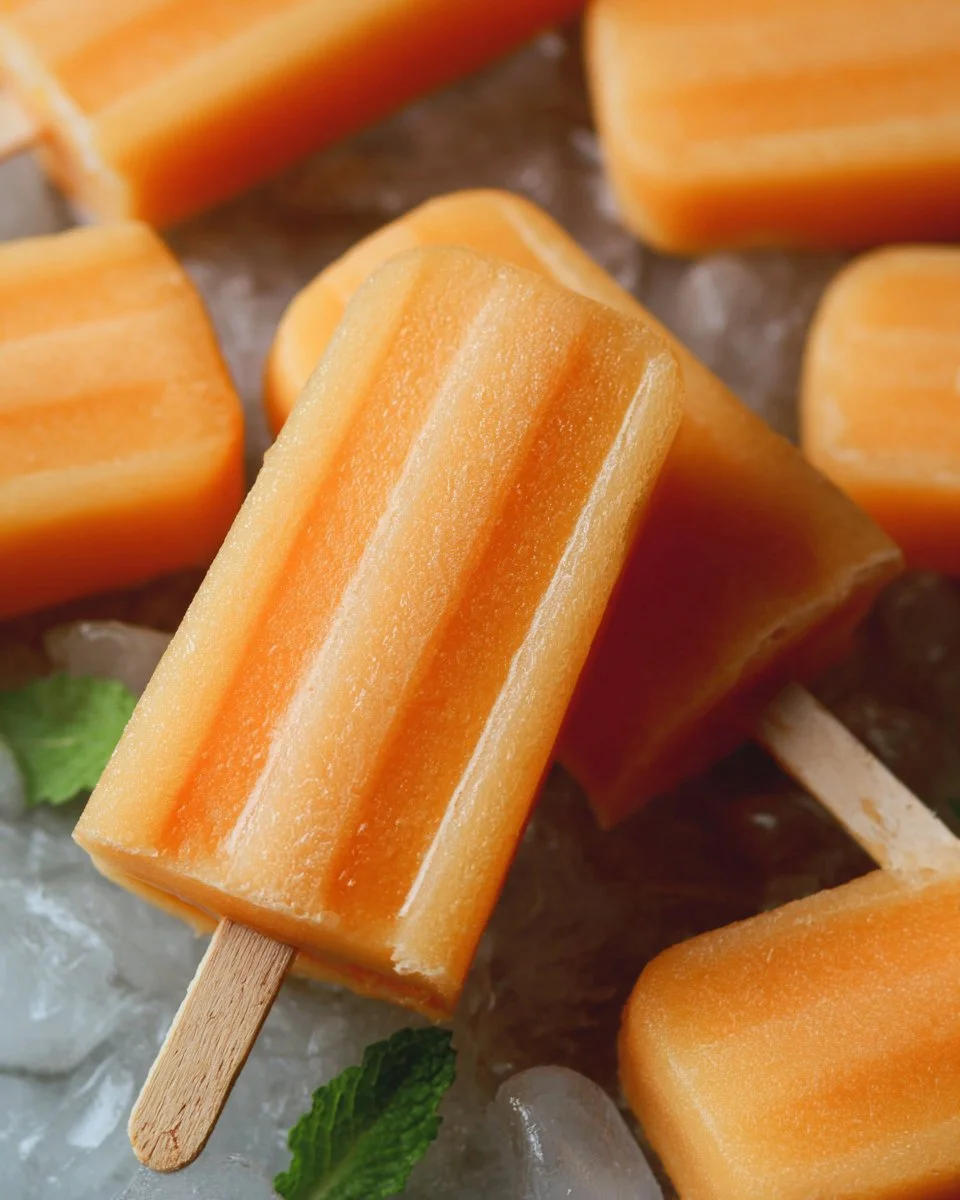 Homemade cantaloupe popsicles in colorful molds on a wooden table
